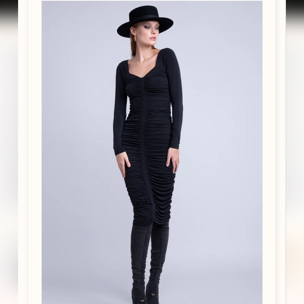 Rachel Parcell Bodycon Black Ruched Midi Dress Stretchy Size‎ M